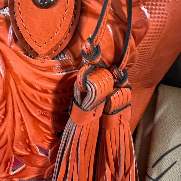 NWOT Patricia Nash “Broncos” Leather Zorita Tool Vibrant Orange Embossed Satchel - Picture 4 of 15
